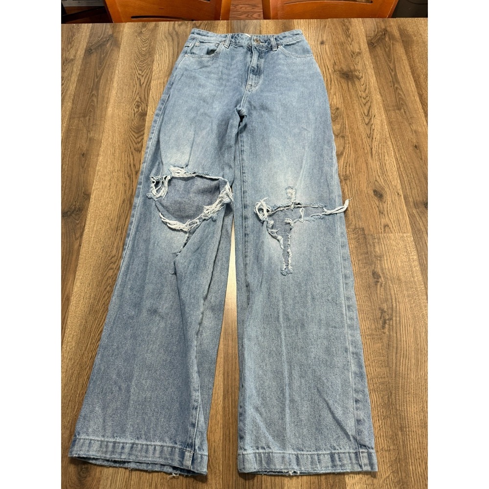 Abrand Jeans Jeans Women's 26 Blue Denim Light Wash Flared Leg High & Wide Holes